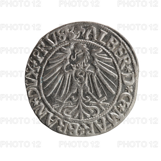 grosz, Schilling, Maciej, R0 (rarity), Albrecht Hohenzollern (Prince of Prussia; 1490–1568) - iconography, eagles, Hohenzollern (coat of arms), male busts in armor. Obv. Prussian eagle, on its chest the crowned letter S. In the rim, between the pearl-shaped borders, an inscription beginning with a trefoil ALBER*D*G*MAR*BRAN*DVX*PRVSS. Rev. Male bust in armor in profile turned to the right; short hair, long beard with sideburns, dividing the inner border. In the rim, between the pearl-shaped borders, an inscription beginning with the Hohenzollern shield *IVSTVS*EX*FIDE*VIVIT*I543*. 1543, Ducal Prussia (1525–1701), Königsberg. Coin: diameter 23.6 mm, weight 2.03 g, axis 340°.