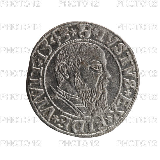 grosz, Schilling, Maciej, R0 (rarity), Albrecht Hohenzollern (Prince of Prussia; 1490-1568) - iconography, eagles, Hohenzollern (coat of arms), male busts in armor. Obv. Prussian eagle, on its chest the crowned letter S. In the rim, between the pearl-shaped borders, an inscription beginning with a trefoil ALBER*D*G*MAR*BRAN*DVX*PRVSS. Rev. Male bust in armor in profile turned to the right; short hair, long beard with sideburns, dividing the inner border. In the rim, between the pearl-shaped borders, an inscription beginning with the Hohenzollern shield *IVSTVS*EX*FIDE*VIVIT*I543*. 1543, Ducal Prussia (1525-1701), Königsberg; coin: diameter 23.6 mm, weight 2.03 g, axis 340 degrees.