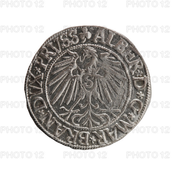 Albrecht Hohenzollern (Prince of Prussia; 1490–1568) — grosz (Schilling), R0 (rarity). Obverse: Prussian eagle, on its chest the crowned letter S; rim between pearl-shaped borders with inscription beginning with a trefoil: ALBER*D*G*MAR*BRAN*DVX*PRVSS. Reverse: male bust in armor in profile turned to the right; short hair, long beard with sideburns, inner border divided; rim between pearl-shaped borders with inscription beginning with the Hohenzollern shield: *IVSTVS*EX*FIDE*VIVIT*I543*. 1543. Ducal Prussia (1525–1701), Königsberg. Coin: diameter 23.5 mm, weight 1.92 g, axis 315°.