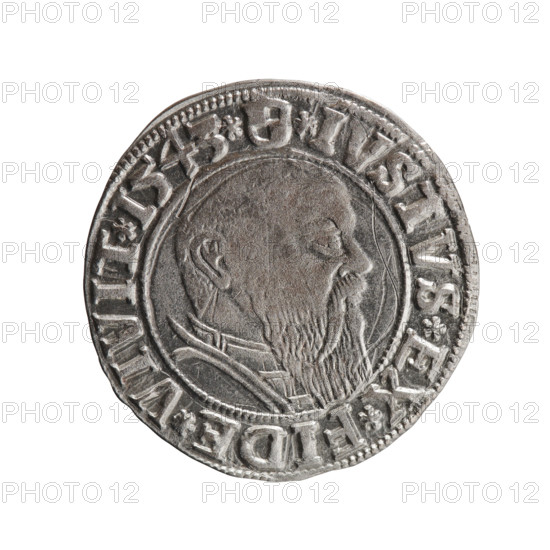 grosz, Schilling, Maciej, R0 (rarity), Albrecht Hohenzollern (Prince of Prussia; 1490–1568) – iconography, eagles, Hohenzollern (coat of arms), male busts in armor. Obv. Prussian eagle, on its chest the crowned letter S; in the rim, between the pearl-shaped borders, an inscription beginning with a trefoil ALBER*D*G*MAR*BRAN*DVX*PRVSS. Rev. Male bust in armor in profile turned to the right; short hair, long beard with sideburns, dividing the inner border; in the rim, between the pearl-shaped borders, an inscription beginning with the Hohenzollern shield *IVSTVS*EX*FIDE*VIVIT*I543*. 1543, Ducal Prussia (1525–1701), Königsberg; coin: diameter 23.5 mm, weight 1.92 g, axis 315°.