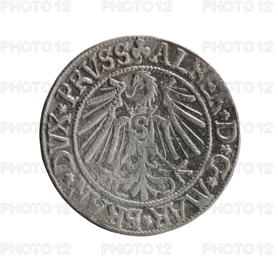 grosz, Schilling, Maciej, R0 (rarity), eagles, Hohenzollern (coat of arms), male busts in armor, Albrecht Hohenzollern (Prince of Prussia; 1490-1568) - iconography. Obv. Prussian eagle, on his chest the crowned letter S. In the rim, between the pearl-shaped borders, an inscription beginning with a trefoil ALBER*D*G*MAR*BRAN*DVX*PRVSS. Rev. Male bust in armor in profile turned to the right; short hair, long beard with sideburns, dividing the inner border. In the rim, between the pearl-shaped borders, an inscription beginning with the Hohenzollern shield *IVSTVS*EX*FIDE*VIVIT*I5. 1543, Ducal Prussia (1525-1701), Königsberg, coin: diameter 23.1 mm, weight 2.07 g, axis 170 deg.