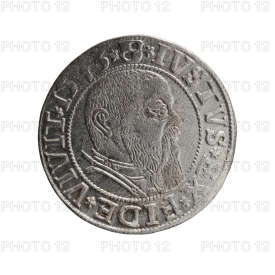 grosz, Schilling, Maciej, R0 (rarity), eagles, Hohenzollern (coat of arms), male busts in armor, Albrecht Hohenzollern (Prince of Prussia; 1490–1568) - iconography. Obv.: Prussian eagle, on his chest the crowned letter S; in the rim between the pearl-shaped borders an inscription beginning with a trefoil ALBER*D*G*MAR*BRAN*DVX*PRVSS. Rev.: male bust in armor in profile turned to the right; short hair, long beard with sideburns, dividing the inner border; in the rim between the pearl-shaped borders an inscription beginning with the Hohenzollern shield *IVSTVS*EX*FIDE*VIVIT*I5. 1543; Ducal Prussia (1525–1701), Königsberg; coin: diameter 23.1 mm, weight 2.07 g, axis 170°.