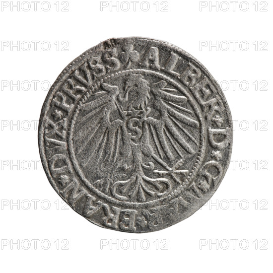 Albrecht Hohenzollern (Prince of Prussia; 1490–1568) — grosz (Schilling), R0 (rarity). Ducal Prussia (1525–1701), Königsberg, 1543. Coin, diameter 23.2 mm, weight 1.92 g, axis 90°. Obverse: Prussian eagle, on its chest the crowned letter S; rim between pearl-shaped borders with inscription beginning with a trefoil ALBER*D*G*M, *BRAN*DVX*PRVSS. Reverse: male bust in armor in profile turned to the right; short hair, long beard with sideburns; inner border divided by the Hohenzollern shield; rim between pearl-shaped borders with inscription beginning *IVSTVS*EX*FIDE*VIVIT*I543*. Iconography: eagles, Hohenzollern coat of arms, male busts in armor.