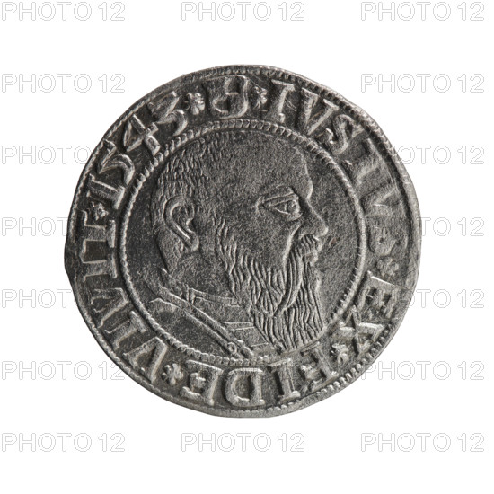 Albrecht Hohenzollern (Prince of Prussia; 1490–1568) — coin (Ducal Prussia, 1525–1701), 1543; diameter 23.2 mm, weight 1.92 g, axis 90°. Obverse: Prussian eagle, on its chest the crowned letter S; rim between pearl-shaped borders with inscription beginning with a trefoil 'ALBER*D*G*M, *BRAN*DVX*PRVSS'. Reverse: male bust in armor in profile turned to the right; short hair, long beard with sideburns; inner border divided; rim between pearl-shaped borders with inscription beginning with the Hohenzollern shield 'IVSTVS*EX*FIDE*VIVIT*I543*'. Iconography: eagles, male busts in armor, Hohenzollern coat of arms.