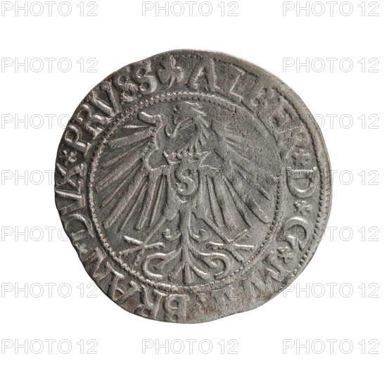 Albrecht Hohenzollern (Prince of Prussia; 1490–1568) — obverse: Prussian eagle; on its chest a crowned letter S; on the rim between pearl-shaped borders an inscription beginning with a trefoil ALBER*D*G*M, BRAN*DVX*PRVSS. Reverse: male bust in armor in profile turned to the right; short hair, long beard with sideburns, dividing the inner border; on the rim between pearl-shaped borders an inscription beginning with the Hohenzollern shield *IV, VS*EX*FIDE*VIVIT*I543*. 1543. Ducal Prussia (1525–1701), Königsberg. Coin; diameter 23.0 mm; weight 1.94 g; axis 150°. Icons: iconography, eagles, Hohenzollern coat of arms, male busts in armor. Groš (grosz), Schilling, Maciej; rarity R0.