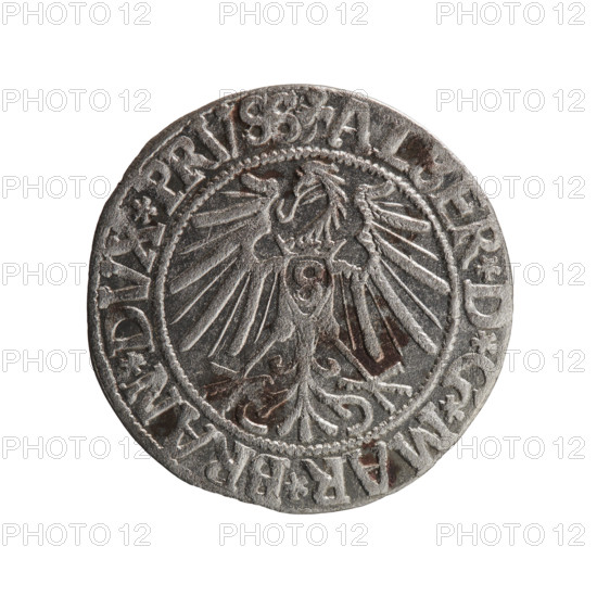 Albrecht Hohenzollern (Prince of Prussia; 1490–1568) — grosz, Schilling, Maciej, R0 (rarity). Obverse: Prussian eagle, on its chest the crowned letter S; in the rim between pearl-shaped borders an inscription beginning with a trefoil ALBER*D*G*MAR*BRAN*DVX*PRVSS. Reverse: male bust in armor in profile turned to the right; short hair, long beard with sideburns, dividing the inner border; in the rim between the pearl-shaped borders an inscription beginning with the Hohenzollern shield *IVSTVS*EX*FIDE*VIVIT*I543*. 1543; Ducal Prussia (1525–1701), Königsberg; coin, diameter 23.1 mm, weight 2.03 g, axis 135°.