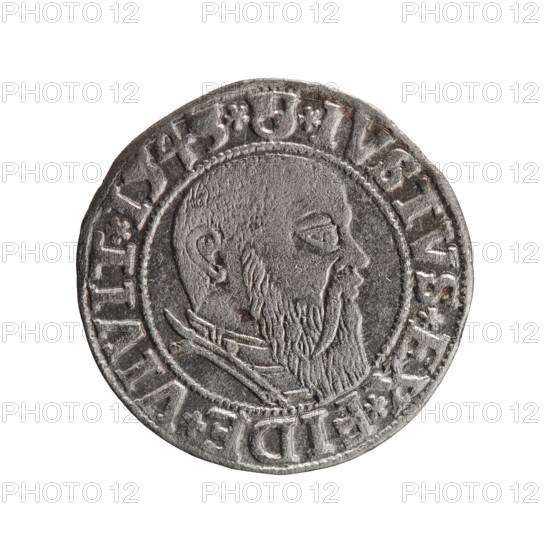 Albrecht Hohenzollern (Prince of Prussia; 1490–1568) — grosz, Schilling, Maciej, R0 (rarity). Ducal Prussia (1525–1701), Königsberg, 1543. Coin, diameter 23.1 mm, weight 2.03 g, axis 135°. Obverse: Prussian eagle, on its chest the crowned letter S; in the rim between pearl-shaped borders an inscription beginning with a trefoil ALBER*D*G*MAR*BRAN*DVX*PRVSS. Reverse: male bust in armor in profile to the right; short hair, long beard with sideburns; in the rim between pearl-shaped borders an inscription beginning with the Hohenzollern shield *IVSTVS*EX*FIDE*VIVIT*I543*. Iconography: eagles, Hohenzollern coat of arms, male busts in armor.