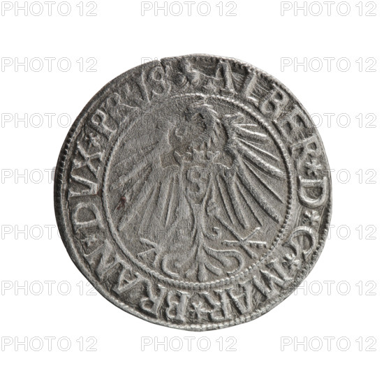 grosz, Schilling, Maciej, R0 (rarity), Albrecht Hohenzollern (Prince of Prussia; 1490-1568) - iconography, eagles, Hohenzollern (coat of arms), male busts in armour, Obv. Prussian eagle, on his chest the crowned letter S. In the rim, between the pearl-shaped borders, an inscription beginning with a trefoil ALBER*D*G*MAR*BRAN*DVX*PRVS Rev. Male bust in armour in profile turned to the right; short hair, long beard with sideburns, dividing the inner border. In the rim, between the pearl-shaped borders, an inscription beginning with the Hohenzollern shield *IVSTVS*EX*FIDE*VIVIT*I543*, 1543, Ducal Prussia (1525-1701), Königsberg, coin: diameter 23.3 mm, weight 1.62 g, axis 225 degrees