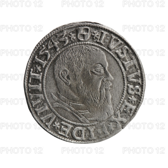 grosz, Schilling, Maciej, R0 (rarity), Albrecht Hohenzollern (Prince of Prussia; 1490-1568) - iconography, eagles, Hohenzollern (coat of arms), male busts in armour, Obv. Prussian eagle, on his chest the crowned letter S. In the rim, between the pearl-shaped borders, an inscription beginning with a trefoil ALBER*D*G*MAR*BRAN*DVX*PRVS Rev. Male bust in armour in profile turned to the right; short hair, long beard with sideburns, dividing the inner border. In the rim, between the pearl-shaped borders, an inscription beginning with the Hohenzollern shield *IVSTVS*EX*FIDE*VIVIT*I543*, 1543, Ducal Prussia (1525-1701), Königsberg, coin, diameter 23.3 mm, weight 1.62 g, axis 225 degrees