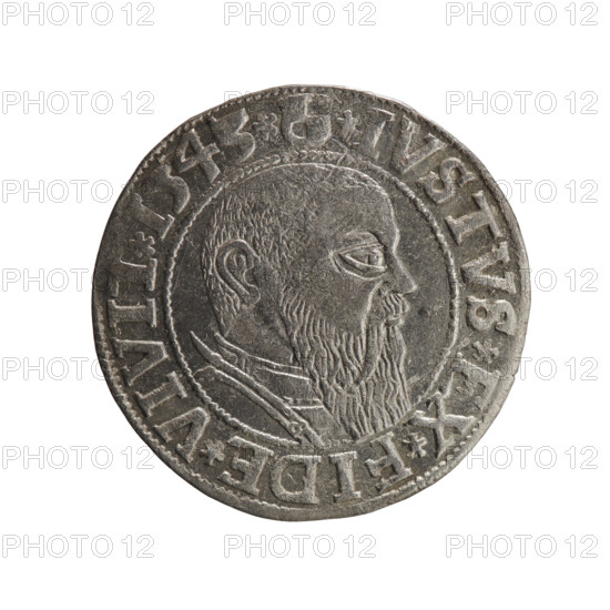 grosz, Schilling, Maciej, R0 (rarity), Albrecht Hohenzollern (Prince of Prussia; 1490-1568) - iconography, eagles, Hohenzollern (coat of arms), male busts in armor, Obv. Prussian eagle, on its chest the crowned letter S. In the rim, between the pearl-shaped borders, an inscription beginning with a trefoil ALBER*D*G*MAR*BRAN*DVX*PRVSS Rev. Male bust in armor in profile turned to the right; short hair, long beard with sideburns, dividing the inner border. In the rim, between the pearl-shaped borders, an inscription beginning with the Hohenzollern shield *IVSTVS*EX*FIDE*VIVIT*I54, *, 1543, Ducal Prussia (1525-1701), Königsberg, coin: diameter 23.0 mm, weight 1.98 g, axis 210 degrees