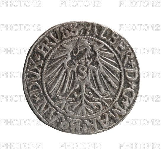 grosz, Schilling, Maciej, R0 (rarity), Albrecht Hohenzollern (Prince of Prussia; 1490–1568) — iconography: eagles, Hohenzollern coat of arms, male busts in armor. Obverse: Prussian eagle with on its chest the crowned letter S; in the rim between pearl-shaped borders an inscription beginning with a trefoil ALBER*D*G*MAR*, AN*DVX*PRVSS. Reverse: male bust in armor in profile turned right; short hair, long beard with sideburns, dividing the inner border; in the rim between pearl-shaped borders an inscription beginning with the Hohenzollern shield *IVSTVS*EX*FIDE*VIVIT* I543*. Date: 1543. Place: Ducal Prussia (1525–1701), Königsberg. Coin: diameter 23.3 mm, weight 1.92 g, axis 210°