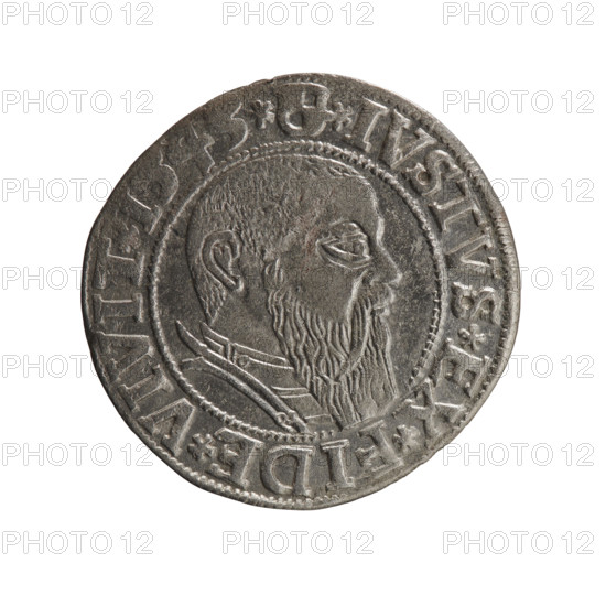 grosz, Schilling, Maciej, R0 (rarity), Albrecht Hohenzollern (Prince of Prussia; 1490-1568) - iconography, eagles, Hohenzollern (coat of arms), male busts in armor, Obv. Prussian eagle, on his chest the crowned letter S. In the rim, between the pearl-shaped borders, an inscription beginning with a trefoil ALBER*D*G*MAR*, AN*DVX*PRVSS. Male bust in armor in profile turned to the right; short hair, long beard with sideburns, dividing the inner border. In the rim, between the pearl-shaped borders, an inscription beginning with the Hohenzollern shield *IVSTVS*EX*FIDE*VIVIT* I543*, 1543, Ducal Prussia (1525-1701), Königsberg, coin: diameter 23.3 mm, weight 1.92 g, axis 210 degrees