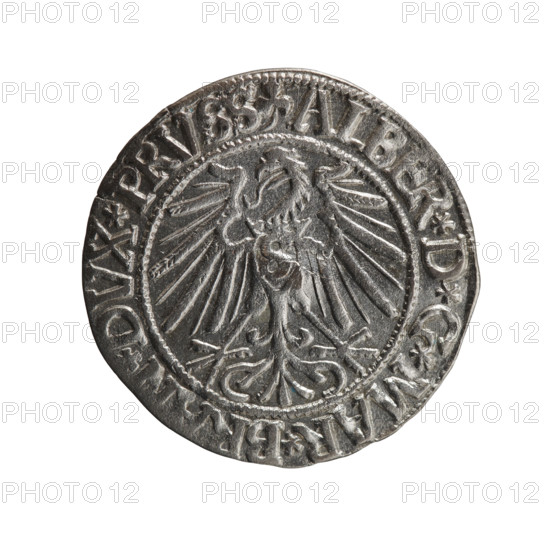 grosz, Schilling, Maciej, R0 (rarity), Albrecht Hohenzollern (Prince of Prussia; 1490–1568) — iconography: eagles, Hohenzollern (coat of arms), male busts in armor. Obv.: Prussian eagle, on its chest the crowned letter S; in the rim, between pearl-shaped borders, an inscription beginning with a trefoil ALBER*D*G*MAR*BRAN*DVX*PRVSS. Rev.: male bust in armor in profile to the right; short hair, long beard with sideburns, dividing the inner border; in the rim, between pearl-shaped borders, an inscription beginning with the Hohenzollern shield *IVSTVS*EX*FIDE*VIVIT*I54*, 1543. Ducal Prussia (1525–1701), Königsberg. Coin: diameter 23.3 mm, weight 1.90 g, axis 270°.