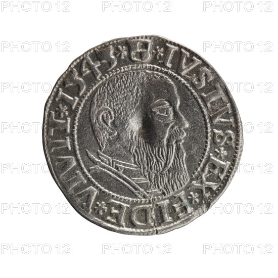Albrecht Hohenzollern (Prince of Prussia; 1490–1568) — obverse: Prussian eagle, on its chest the crowned letter S; in the rim between pearl-shaped borders, an inscription beginning with a trefoil ALBER*D*G*MAR*BRAN*DVX*PRVSS. Reverse: male bust in armor in profile turned right; short hair, long beard with sideburns, dividing the inner border; in the rim between pearl-shaped borders, an inscription beginning with the Hohenzollern shield *IVSTVS*EX*FIDE*VIVIT*I54. 1543; Ducal Prussia (1525–1701), Königsberg. Coin; diameter 23.3 mm, weight 1.90 g, axis 270°. Iconography: eagles, Hohenzollern coat of arms, male busts in armor. Rarity R0. Makers: Grosz, Schilling, Maciej.