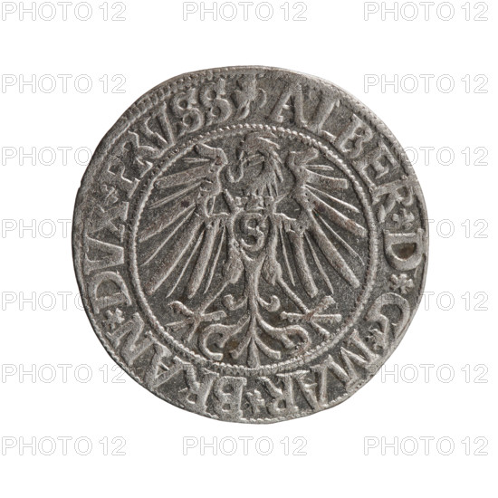 Schilling (grosz), Maciej; R0 (rarity). Ducal Prussia (1525–1701), Königsberg, 1543. Obv.: Prussian eagle with crowned letter S on its chest; rim inscription beginning with a trefoil ALBER*D*G*MAR*BRAN*DVX*PRVSS; pearl-shaped borders. Rev.: Male bust in armor, profile to the right, short hair, long beard with sideburns; Hohenzollern shield; rim inscription beginning with *IVSTVS*EX*FIDE*VIVIT*I54. Iconography: Albrecht Hohenzollern (Prince of Prussia; 1490–1568) — Hohenzollern coat of arms, male busts in armor. Coin: diameter 23.6 mm, weight 1.87 g, axis 80°.