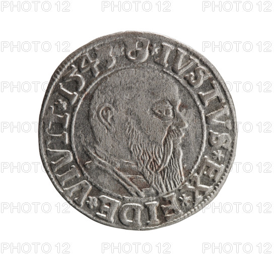 grosz, Schilling, Maciej, R0 (rarity), eagles, Albrecht Hohenzollern (Prince of Prussia; 1490–1568) - iconography, Hohenzollern (coat of arms), male busts in armor, Obv. Prussian eagle, on his chest the crowned letter S. In the rim, between the pearl-shaped borders, an inscription beginning with a trefoil ALBER*D*G*MAR*BRAN*DVX*PRVSS. Rev. Male bust in armor in profile turned to the right; short hair, long beard with sideburns, dividing the inner border. In the rim, between the pearl-shaped borders, an inscription beginning with the Hohenzollern shield *IVSTVS*EX*FIDE*VIVIT*I54. 1543. Ducal Prussia (1525–1701), Königsberg. Coin: diameter 23.6 mm, weight 1.87 g, axis 80 degrees.