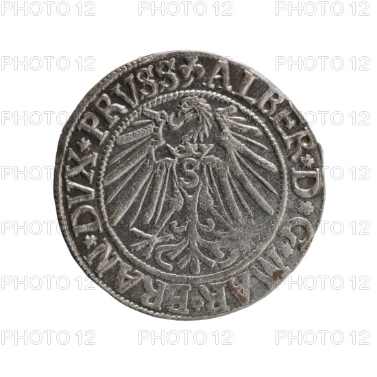grosz, Schilling, Maciej, R0 (rarity), Albrecht Hohenzollern (Prince of Prussia; 1490–1568) — iconography: eagles, Hohenzollern (coat of arms), male busts in armor. Obv.: Prussian eagle, on its chest the crowned letter S; in the rim, between pearl-shaped borders, an inscription beginning with a trefoil ALBER*D*G*MAR*BRAN*DVX*PRVSS. Rev.: Male bust in armor in profile to the right; short hair, long beard with sideburns, dividing the inner border; in the rim, between pearl-shaped borders, an inscription beginning with the Hohenzollern shield *IVSTVS*EX*FIDE*VIVIT* I543*. 1543. Ducal Prussia (1525–1701), Königsberg. Coin: diameter 23.2 mm, weight 2.02 g, axis 80°.