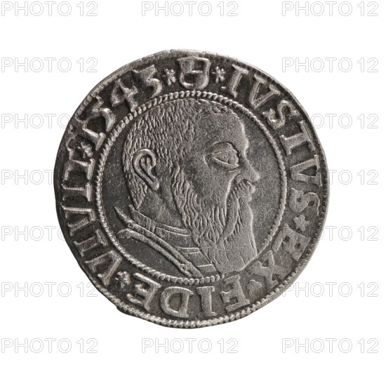 Albrecht Hohenzollern (Prince of Prussia; 1490–1568) — obverse: Prussian eagle, on its chest the crowned letter S; in the rim between pearl-shaped borders an inscription beginning with a trefoil ALBER*D*G*MAR*BRAN*DVX*PRVSS. Reverse: male bust in armor in profile to the right; short hair, long beard with sideburns, dividing the inner border; in the rim between pearl-shaped borders an inscription beginning with the Hohenzollern shield *IVSTVS*EX*FIDE*VIVIT*I543*. 1543. Ducal Prussia (1525–1701), Königsberg. Coin; diameter 23.2 mm, weight 2.02 g, axis 80°.