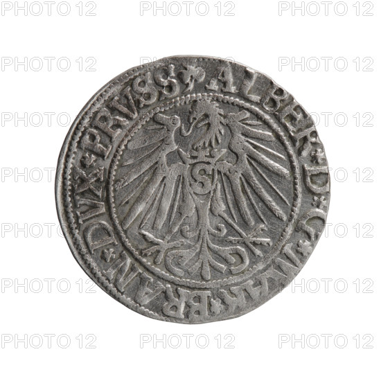 Albrecht Hohenzollern (Prince of Prussia; 1490–1568) — coin (1543). Obverse: Prussian eagle, on its chest the crowned letter S; rim between pearl-shaped borders an inscription beginning with a trefoil ALBER*D*G*MAR*BRAN*DVX*PRVSS. Reverse: male bust in armor in profile to the right; short hair, long beard with sideburns, inner border dividing; rim between pearl-shaped borders an inscription beginning with the Hohenzollern shield *IVSTVS*EX*FIDE*VIVIT*I543*. Ducal Prussia (1525–1701), Königsberg. Diameter 23.1 mm, weight 1.87 g, axis 20°. R0 (rarity).