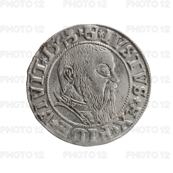 grosz, Schilling, Maciej, R0 (rarity), Albrecht Hohenzollern (Prince of Prussia; 1490–1568) - iconography, eagles, Hohenzollern (coat of arms), male busts in armor. Obverse: Prussian eagle, on its chest the crowned letter S; in the rim between pearl-shaped borders an inscription beginning with a trefoil ALBER*D*G*MAR*BRAN*DVX*PRVSS. Reverse: male bust in armor in profile turned to the right; short hair, long beard with sideburns, dividing the inner border; in the rim between pearl-shaped borders an inscription beginning with the Hohenzollern shield *IVSTVS*EX*FIDE*VIVIT*I543*. 1543, Ducal Prussia (1525–1701), Königsberg. Coin: diameter 23.1 mm, weight 1.87 g, axis 20°.