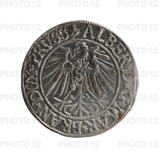 grosz, Schilling, Maciej, R0 (rarity), Albrecht Hohenzollern (Prince of Prussia; 1490-1568) - iconography, eagles, Hohenzollern (coat of arms), male busts in armor, Obv. Prussian eagle, on his chest the crowned letter S. In the rim, between the pearl-shaped borders, an inscription beginning with a trefoil ALBER, *MAR*BRAN*DVX*PRVSS Rev. Male bust in armor in profile turned to the right; short hair, long beard with sideburns, dividing the inner border. In the rim, between the pearl-shaped borders, an inscription beginning with the Hohenzollern shield *IVSTVS*EX*FIDE*VIVIT*I543*, 1543, Ducal Prussia (1525-1701), Königsberg, coin: diameter 23.4 mm, weight 2.03 g, axis 270 deg.