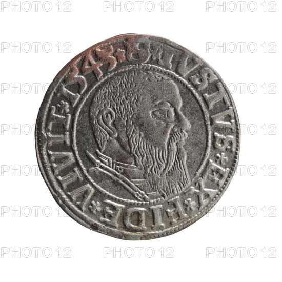 Albrecht Hohenzollern (Prince of Prussia; 1490–1568) — silver grosz (Schilling, Maciej), R0 (rarity), 1543. Obverse: Prussian eagle with crowned letter S on its chest; in the rim between pearl-shaped borders an inscription beginning with a trefoil ALBER *MAR*BRAN*DVX*PRVSS. Reverse: male bust in armor in profile to the right; short hair, long beard with sideburns, dividing the inner border; in the rim between pearl-shaped borders an inscription beginning with the Hohenzollern shield *IVSTVS*EX*FIDE*VIVIT*I543*. Ducal Prussia (1525–1701), Königsberg. Coin diameter 23.4 mm, weight 2.03 g, axis 270°.