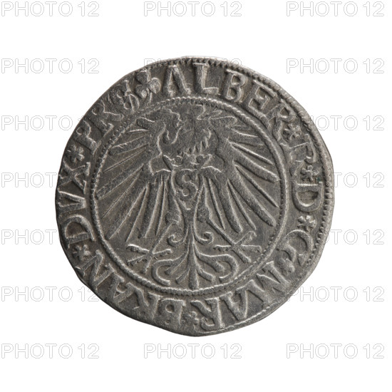 grosz, Schilling, Maciej, R0 (rarity), Albrecht Hohenzollern (Prince of Prussia; 1490–1568) — iconography: eagles, male busts in armor, Hohenzollern coat of arms. Obverse: Prussian eagle, on its chest a crowned letter S; in the rim between pearl-shaped borders an inscription beginning with a trefoil (inscription incorrect due to die jump). Reverse: male bust in armor in profile turned to the right; short hair, long beard with sideburns, dividing the inner border; in the rim between pearl-shaped borders an inscription beginning with the Hohenzollern shield (inscription incorrect due to die jump). 1543, Ducal Prussia (1525–1701), Königsberg. Coin: diameter 23.1 mm, weight 1.96 g, axis 225°.