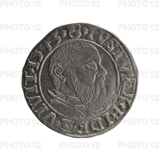 grosz, Schilling, Maciej, R0 (rarity), Albrecht Hohenzollern (Prince of Prussia; 1490–1568) - iconography, eagles, male busts in armor, Hohenzollern (coat of arms). Obverse: Prussian eagle, on its chest a crowned letter S; in the rim between pearl-shaped borders an inscription beginning with a trefoil (inscription incorrect due to die jump). Reverse: Male bust in armor in profile turned to the right; short hair, long beard with sideburns, dividing the inner border; in the rim between pearl-shaped borders an inscription beginning with the Hohenzollern shield (inscription wrong due to a die jump). 1543, Ducal Prussia (1525–1701), Königsberg. Coin: diameter 23.1 mm, weight 1.96 g, axis 225°.