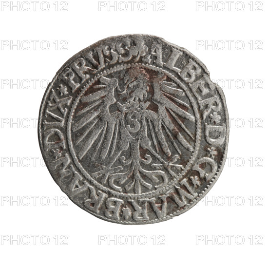 Albrecht Hohenzollern (Prince of Prussia; 1490–1568) — iconography: eagles, male busts in armor, Hohenzollern coat of arms. Obverse: Prussian eagle, on its chest the crowned letter S; in the rim between pearl-shaped borders, inscription beginning with a trefoil ALBER*D*G*MAR*BRAN*DVX*PRVSS. Reverse: male bust in armor in profile to the right; short hair, long beard with sideburns, dividing the inner border; in the rim between the pearl-shaped borders, inscription beginning with the Hohenzollern shield *IVSTVS*EX*FIDE*VIVIT*I543* (1543). Ducal Prussia (1525–1701), Königsberg. Coin: diameter 23.1 mm, weight 1.85 g, axis 350°.