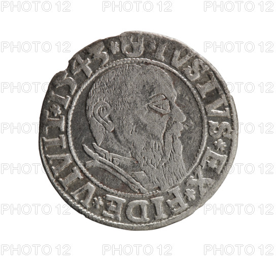 grosz, Schilling, Maciej, R0 (rarity), Albrecht Hohenzollern (Prince of Prussia; 1490–1568) - iconography, eagles, male busts in armor, Hohenzollern (coat of arms). Obv. Prussian eagle, on its chest the crowned letter S. In the rim, between the pearl-shaped borders, an inscription beginning with a trefoil ALBER*D*G*MAR*BRAN*DVX*PRVSS. Rev. Male bust in armor in profile turned to the right; short hair, long beard with sideburns, dividing the inner border. In the rim, between the pearl-shaped borders, an inscription beginning with the Hohenzollern shield *IVSTVS*EX*FIDE*VIVIT*I543*. 1543, Ducal Prussia (1525–1701), Königsberg, coin: diameter 23.1 mm, weight 1.85 g, axis 350°.
