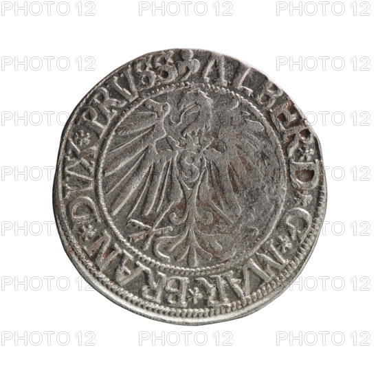Albrecht Hohenzollern (Prince of Prussia; 1490–1568) — grosz (Schilling, Maciej), R0 (rarity). Ducal Prussia (1525–1701), Königsberg, 1543. Coin (diameter 23.7 mm, weight 1.88 g, axis 225°). Obverse: Prussian eagle, on its chest the crowned letter S; in the rim, between pearl-shaped borders, inscription beginning with a trefoil 'ALBER*D*G*MAR*BRAN*DVX*PRVSS'. Reverse: male bust in armor in profile turned to the right; short hair, long beard with sideburns, inner border divided; in the rim, between pearl-shaped borders, inscription beginning with the Hohenzollern shield '*IVSTVS*EX*FIDE*VIVIT*I543*'. Icons: eagles, Hohenzollern coat of arms, male busts in armor.