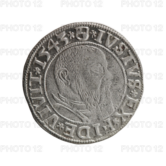 grosz, Schilling, Maciej, R0 (rarity), Albrecht Hohenzollern (Prince of Prussia; 1490–1568) - iconography, eagles, Hohenzollern (coat of arms), male busts in armor. Obv. Prussian eagle, on its chest the crowned letter S. In the rim, between the pearl-shaped borders, an inscription beginning with a trefoil ALBER*D*G*MAR*BRAN*DVX*PRVSS. Rev. Male bust in armor in profile turned to the right; short hair, long beard with sideburns, dividing the inner border. In the rim, between the pearl-shaped borders, an inscription beginning with the Hohenzollern shield *IVSTVS*EX*FIDE*VIVIT*I543*. 1543, Ducal Prussia (1525–1701), Königsberg, coin: diameter 23.7 mm, weight 1.88 g, axis 225 degrees.
