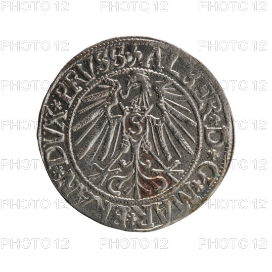 grosz, Schilling, Maciej, R0 (rarity), eagles, Albrecht Hohenzollern (Prince of Prussia; 1490-1568) - iconography, Hohenzollern (coat of arms), male busts in armor, Obv. Prussian eagle, on his chest the crowned letter S. In the rim, between the pearl-shaped borders, an inscription beginning with a trefoil ALBER*D*G*MAR*BRAN*DVX*PRVSS Rev. Male bust in armor in profile turned to the right; short hair, long beard with sideburns, dividing the inner border. In the rim, between the pearl-shaped borders, an inscription beginning with the Hohenzollern shield *IVSTVS*EX*FIDE*VIVIT*I543*, 1543, Ducal Prussia (1525-1701), Königsberg, coin, coin: diameter 23.3 mm, weight 2.05 g, axis 330 degrees