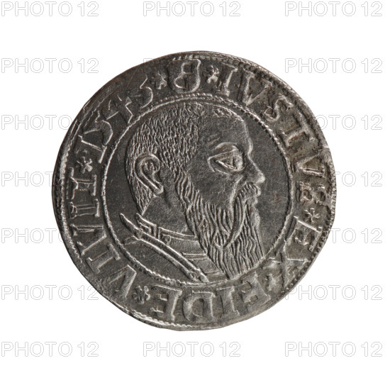 grosz, Schilling, Maciej, R0 (rarity), eagles, Albrecht Hohenzollern (Prince of Prussia; 1490-1568) - iconography, Hohenzollern (coat of arms), male busts in armor, Obv. Prussian eagle, on his chest the crowned letter S. In the rim, between the pearl-shaped borders, an inscription beginning with a trefoil ALBER*D*G*MAR*BRAN*DVX*PRVSS Rev. Male bust in armor in profile turned to the right; short hair, long beard with sideburns, dividing the inner border. In the rim, between the pearl-shaped borders, an inscription beginning with the Hohenzollern shield *IVSTVS*EX*FIDE*VIVIT*I543*, 1543, Ducal Prussia (1525-1701), Königsberg, coin, diameter 23.3 mm, weight 2.05 g, axis 330 degrees