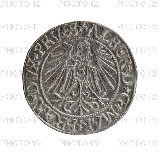 grosz; Schilling, Maciej; R0 (rarity). Albrecht Hohenzollern (Prince of Prussia; 1490–1568). Iconography: eagles, Hohenzollern coat of arms, male busts in armor. Obv.: Prussian eagle, on its chest the crowned letter S; in the rim, between pearl-shaped borders, an inscription beginning with a trefoil ALBER*D*G*MAR*BRAN*DVX*PRVSS. Rev.: male bust in armor in profile to the right; short hair, long beard with sideburns, dividing the inner border; in the rim, between pearl-shaped borders, an inscription beginning with the Hohenzollern shield *IVSTVS*EX*FIDE*VIVIT*I543*. Date: 1543. Place: Ducal Prussia (1525–1701), Königsberg. Object: coin (grosz/Schilling); diameter 23.2 mm; weight 2.02 g; axis 290°.