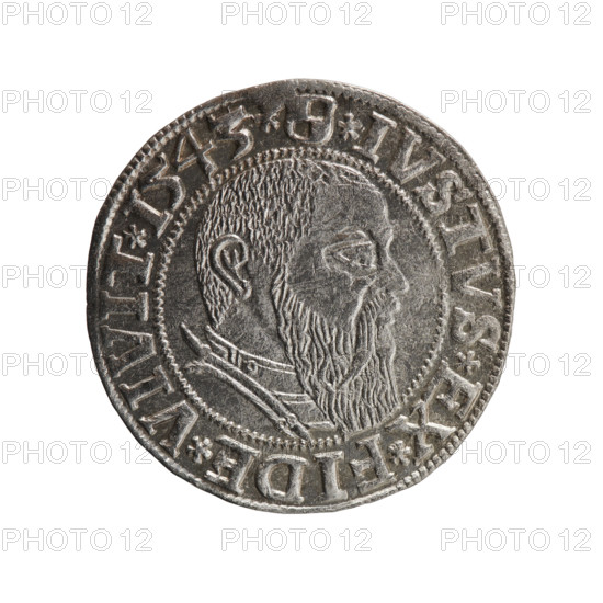 grosz, Schilling, Maciej, R0 (rarity), Albrecht Hohenzollern (Prince of Prussia; 1490–1568) - iconography, eagles, Hohenzollern (coat of arms), male busts in armor. Obv. Prussian eagle, on its chest the crowned letter S. In the rim, between the pearl-shaped borders, an inscription beginning with a trefoil ALBER*D*G*MAR*BRAN*DVX*PRVSS. Rev. Male bust in armor in profile turned to the right; short hair, long beard with sideburns, dividing the inner border. In the rim, between the pearl-shaped borders, an inscription beginning with the Hohenzollern shield *IVSTVS*EX*FIDE*VIVIT*I543*. 1543, Ducal Prussia (1525–1701), Königsberg. Coin: diameter 23.2 mm, weight 2.02 g, axis 290°.