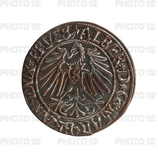 Albrecht Hohenzollern (Prince of Prussia; 1490–1568) — obverse: Prussian eagle, on its chest the crowned letter S; in the rim, between pearl-shaped borders, an inscription beginning with a trefoil ALBER*D*G*MAR*BRAN*DVX*PRVSS. Reverse: male bust in armor in profile turned to the right; short hair, long beard with sideburns, dividing the inner border; in the rim, between pearl-shaped borders, an inscription beginning with the Hohenzollern shield *IVSTVS*EX*FIDE*VIVIT*I543*. 1543. Ducal Prussia (1525–1701), Königsberg. Coin, diameter 23.3 mm, weight 1.95 g, axis 50°.