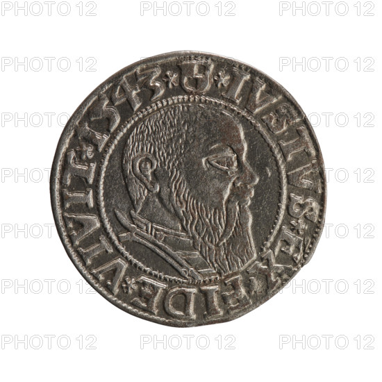 grosz, Schilling, Maciej, R0 (rarity), Albrecht Hohenzollern (Prince of Prussia; 1490–1568) — iconography: eagles, Hohenzollern (coat of arms), male busts in armor. Obv.: Prussian eagle, on its chest the crowned letter S; in the rim, between pearl-shaped borders, an inscription beginning with a trefoil ALBER*D*G*MAR*BRAN*DVX*PRVSS. Rev.: Male bust in armor in profile to the right; short hair, long beard with sideburns, dividing the inner border; in the rim, between pearl-shaped borders, an inscription beginning with the Hohenzollern shield *IVSTVS*EX*FIDE*VIVIT*I543*. 1543. Ducal Prussia (1525–1701), Königsberg. Coin: diameter 23.3 mm, weight 1.95 g, axis 50°.