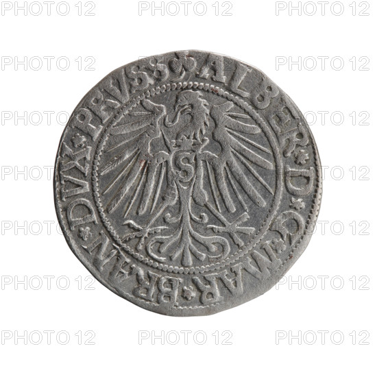 grosz, Schilling, Maciej, R0 (rarity), eagles, Albrecht Hohenzollern (Prince of Prussia; 1490-1568) - iconography, Hohenzollern (coat of arms), male busts in armor, Obv. Prussian eagle, on his chest the crowned letter S. In the rim, between the pearl-shaped borders, an inscription beginning with a trefoil ALBER*D*G*MAR*BRAN*DVX*PRVSS Rev. Male bust in armor in profile turned to the right; short hair, long beard with sideburns, dividing the inner border. In the rim, between the pearl-shaped borders, an inscription beginning with the Hohenzollern shield *IVSTVS*EX*FIDE*VIVIT*I543*, 1543, Ducal Prussia (1525-1701), Königsberg, coin: diameter 22.9 mm, weight 1.87 g, axis 30 degrees