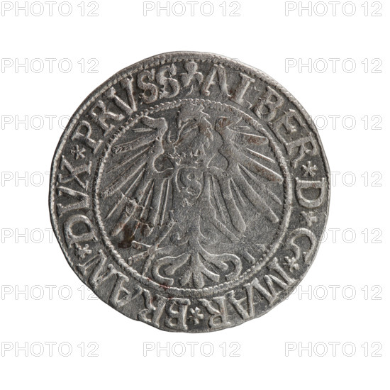 grosz, Schilling, Maciej, R0 (rarity), eagles, Albrecht Hohenzollern (Prince of Prussia; 1490–1568) - iconography, Hohenzollern (coat of arms), male busts in armor. Obverse: Prussian eagle, on its chest the crowned letter S; in the rim, between pearl-shaped borders, an inscription beginning with a trefoil ALBER*D*G*MAR*BRAN*DVX*PRVSS. Reverse: male bust in armor in profile turned to the right; short hair, long beard with sideburns, dividing the inner border; in the rim, between pearl-shaped borders, an inscription beginning with the Hohenzollern shield *IVSTVS*EX*FIDE*VIVIT*I543*. 1543. Ducal Prussia (1525–1701), Königsberg. Coin: diameter 23.2 mm, weight 1.94 g, axis 100°.