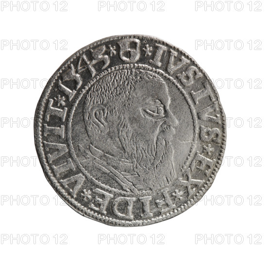 grosz, Schilling, Maciej, R0 (rarity), eagles, Albrecht Hohenzollern (Prince of Prussia; 1490–1568) - iconography, Hohenzollern (coat of arms), male busts in armor. Obverse: Prussian eagle, on its chest the crowned letter S. In the rim, between the pearl-shaped borders, an inscription beginning with a trefoil ALBER*D*G*MAR*BRAN*DVX*PRVSS. Reverse: Male bust in armor in profile turned to the right; short hair, long beard with sideburns, dividing the inner border. In the rim, between the pearl-shaped borders, an inscription beginning with the Hohenzollern shield *IVSTVS*EX*FIDE*VIVIT*I543*. 1543, Ducal Prussia (1525–1701), Königsberg. Coin: diameter 23.2 mm, weight 1.94 g, axis 100°.