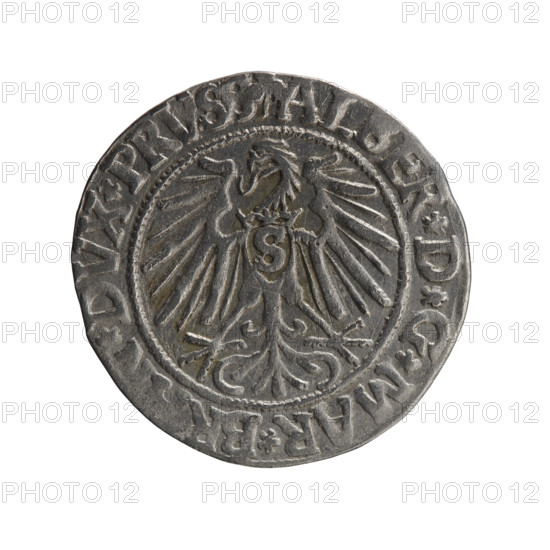 grosz, Schilling, Maciej, R0 (rarity), Albrecht Hohenzollern (Prince of Prussia; 1490–1568) — iconography: Hohenzollern coat of arms, male busts in armor, eagles. Obv.: Prussian eagle; on its chest the crowned letter S. In the rim, between the pearl-shaped borders, an inscription beginning with a trefoil: ALBER*D*G*MAR*, DVX*PRVSS. Male bust in armor in profile turned to the right; short hair, long beard with sideburns, dividing the inner border. In the rim, between the pearl-shaped borders, an inscription beginning with the Hohenzollern shield: *IVSTVS*EX*FIDE*VIVIT*I5, 3*, 1543. Ducal Prussia (1525–1701), Königsberg. Coin: diameter 23.3 mm, weight 1.98 g, axis 30°.