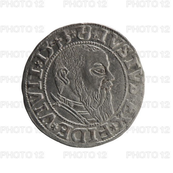grosz, Schilling, Maciej, R0 (rarity), Albrecht Hohenzollern (Prince of Prussia; 1490–1568) — iconography: Hohenzollern coat of arms, male busts in armor, eagles. Obverse: Prussian eagle with crowned letter S on its chest; rim between pearl-shaped borders bears an inscription beginning with a trefoil ALBER*D*G*MAR*, DVX*PRVSS. Reverse: male bust in armor in profile to the right; short hair, long beard with sideburns; rim between pearl-shaped borders bears an inscription beginning with the Hohenzollern shield *IVSTVS*EX*FIDE*VIVIT*I5, 3*, dated 1543. Ducal Prussia (1525–1701), Königsberg. Coin: diameter 23.3 mm, weight 1.98 g, axis 30°.