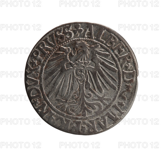 Albrecht Hohenzollern (Prince of Prussia; 1490–1568) — obverse: Prussian eagle with crowned letter S on its chest; on the rim between pearl-shaped borders an inscription beginning with a trefoil ALBER*D .]*MAR*BRAN*DVX*PRVSS. Reverse: male bust in armor in profile turned right; short hair, long beard with sideburns; Hohenzollern shield and on the rim between pearl-shaped borders an inscription beginning with *IVSTVS*EX*FIDE, VIVIT*I543*. 1543. Ducal Prussia (1525–1701), Königsberg; coin. Diameter 22.7 mm, weight 1.80 g, axis 290°. Icons: iconography, eagles, male busts in armor, Hohenzollern (coat of arms). Makers/attribution: grosz, Schilling, Maciej; R0 (rarity).