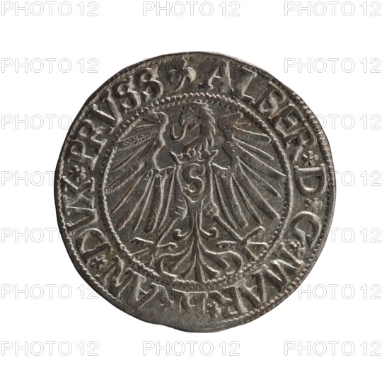 grosz, Schilling, Maciej, R0 (rarity), Albrecht Hohenzollern (Prince of Prussia; 1490–1568) — iconography: eagles, Hohenzollern (coat of arms), male busts in armour. Obv.: Prussian eagle, on his chest the crowned letter S; in the rim, between the pearl-shaped borders, an inscription beginning with a trefoil ALBER*D*G*MAR*BRAN*DVX*PRVSS. Rev.: Male bust in armour in profile turned to the right; short hair, long beard with sideburns; in the rim, between the pearl-shaped borders, an inscription beginning with the Hohenzollern shield *IVSTVS*EX*FIDE*VIVIT*I543*. Date: 1543. Place: Ducal Prussia (1525–1701), Königsberg. Object: coin; diameter 23.3 mm, weight 2.09 g, axis 0°.