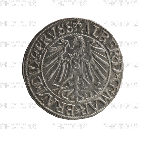 grosz, Schilling, Maciej, R3 (rarity), Albrecht Hohenzollern (Prince of Prussia; 1490–1568) - iconography: eagles, Hohenzollern (coat of arms), male busts in armor. Obv.: Prussian eagle, on its chest the crowned letter S; in the rim, between pearl-shaped borders, an inscription beginning with a trefoil (mirror-image N) ALBER*D*G*MAR*BRAN*DVX*PRVSS. Rev.: male bust in armor in profile to the right; short hair, long beard with sideburns, dividing the inner border; in the rim, between pearl-shaped borders, an inscription beginning with the Hohenzollern shield *IVSTVS*EX*FIDE*VIVIT*I544*. 1544. Ducal Prussia (1525–1701), Königsberg. Coin: diameter 23.3 mm, weight 1.92 g, axis 180°.
