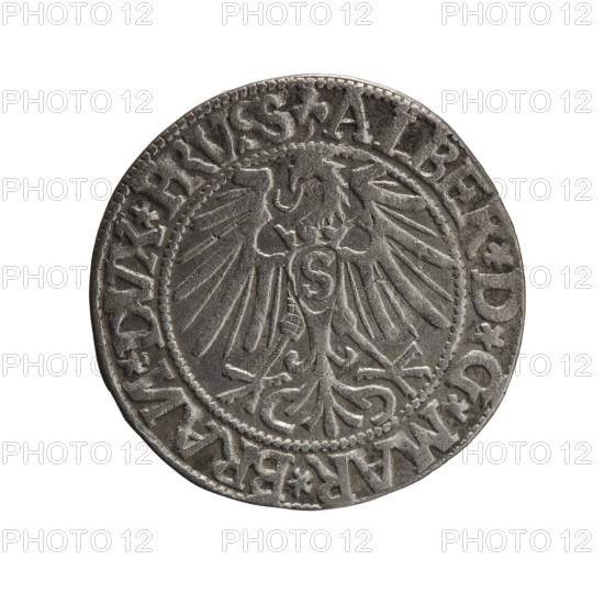 Albrecht Hohenzollern (Prince of Prussia; 1490–1568) — iconography: Hohenzollern coat of arms, eagles; male busts in armor. Obverse: Prussian eagle, on its chest the crowned letter S; in the rim between pearl-shaped borders an inscription beginning with a trefoil (mirror-image letter N) ALBER*D*G*MAR*BRAN*DVX*PRVSS. Reverse: male bust in armor in profile to the right; short hair, long pointed beard with sideburns, dividing the inner border; in the rim between pearl-shaped borders an inscription beginning with the Hohenzollern shield *IVSTVS*EX*FIDE*VIVIT*I544*. 1544. Ducal Prussia (1525–1701), Königsberg. Coin: diameter 23.4 mm, weight 1.95 g, axis 135°.