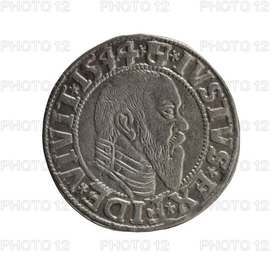 grosz, Schilling, Maciej, R0 (rarity), eagles, Albrecht Hohenzollern (Prince of Prussia; 1490-1568) - iconography, Hohenzollern (coat of arms), male busts in armor, Obv. Prussian eagle, on its chest the crowned letter S. In the rim, between the pearl-shaped borders, an inscription beginning with a trefoil (letter N in a mirror image) ALBER*D*G*MAR*BRAN*DVX*PRVSS Rev. Male bust in armor in profile turned to the right; short hair, long, pointed beard with sideburns, dividing the inner border. In the rim, between the pearl-shaped borders, an inscription beginning with the Hohenzollern shield *IVSTVS*EX*FIDE*VIVIT*I544*, 1544, Ducal Prussia (1525-1701), Königsberg, coin: diameter 23.4 mm, weight 1.95 g, axis 135 degrees
