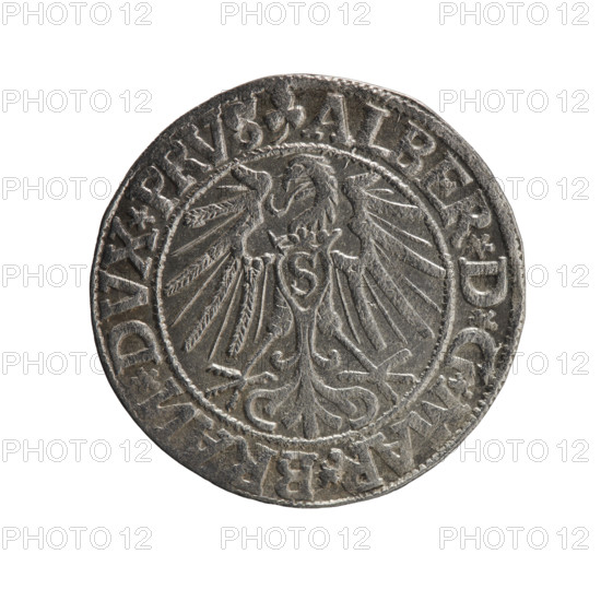 Albrecht Hohenzollern (Prince of Prussia; 1490–1568) - iconography: eagles, Hohenzollern coat of arms, male busts in armor. Obverse: Prussian eagle, on its chest the crowned letter S; in the rim, between pearl-shaped borders, an inscription beginning with a trefoil (mirror-image N) ALBER*D*G*MAR*BRAN*DVX*PRVS. Reverse: male bust in armor in profile, turned to the right; short hair, long beard with sideburns, dividing the inner border; in the rim, between pearl-shaped borders, an inscription beginning with the Hohenzollern shield *IVSTVS*EX*FIDE*VIVIT*I544*. 1544. Ducal Prussia (1525–1701), Königsberg. Coin: diameter 23.3 mm, weight 2.06 g, axis 30°.