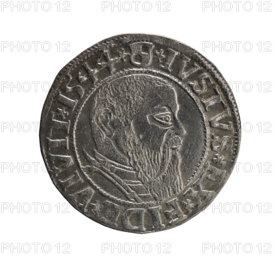 grosz, Schilling, Maciej, R3 (rarity). Albrecht Hohenzollern (Prince of Prussia; 1490–1568) — iconography: eagles, Hohenzollern coat of arms, male busts in armor. Obverse: Prussian eagle, on its chest the crowned letter S; in the rim between pearl-shaped borders an inscription beginning with a trefoil (mirror-image N) ALBER*D*G*MAR*BRAN*DVX*PRVS. Reverse: male bust in armor in profile to the right; short hair, long beard with sideburns, dividing the inner border; in the rim between pearl-shaped borders an inscription beginning with the Hohenzollern shield *IVSTVS*EX*FIDE*VIVIT*I544*. Date: 1544. Place: Ducal Prussia (1525–1701), Königsberg. Coin: diameter 23.3 mm, weight 2.06 g, axis 30°.